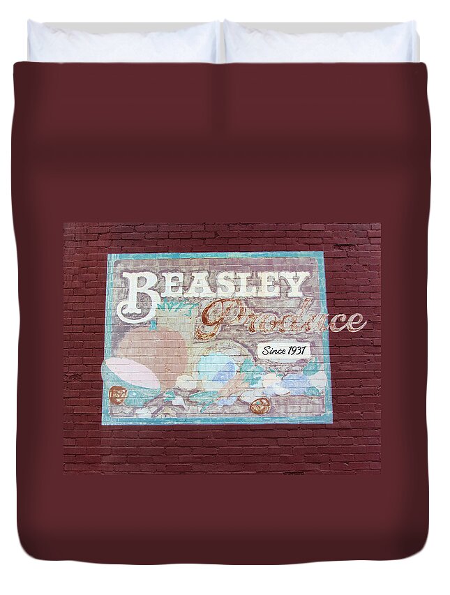 Vintage Sign Duvet Cover featuring the photograph Beasley Produce Since 1931 by Kathy Clark