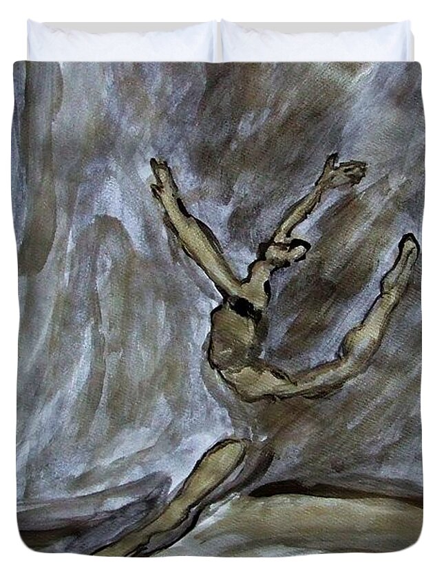 Black Duvet Cover featuring the painting Black Gold Young Female Ballet Dancer in Strong Powerful Striking Jump off the Ballroom Floor Arms by M Zimmerman MendyZ