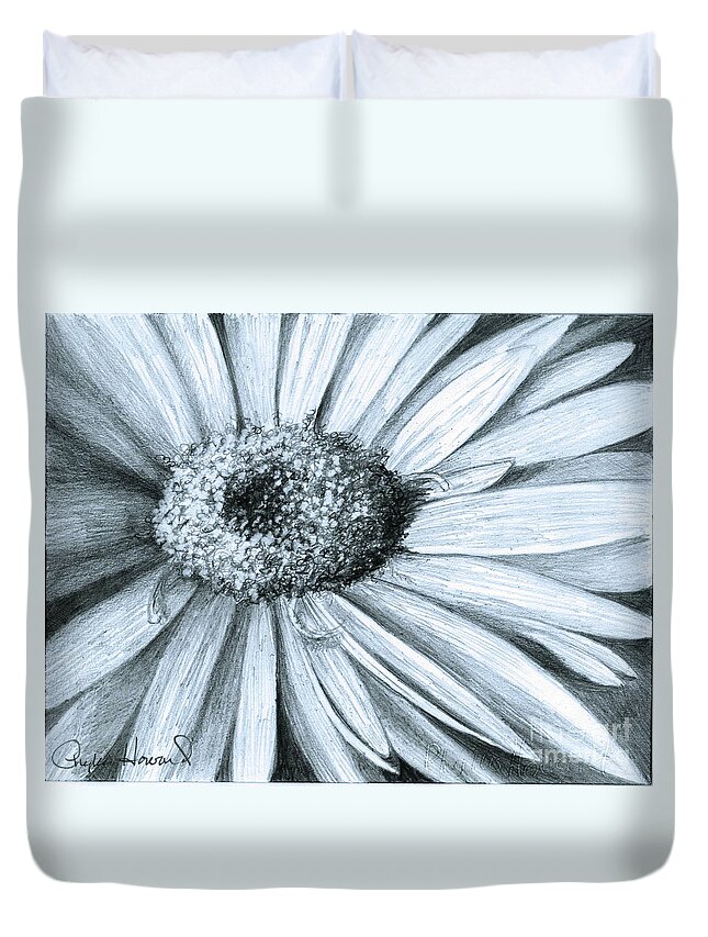 Flower Duvet Cover featuring the drawing Black White Gerber by Phyllis Howard