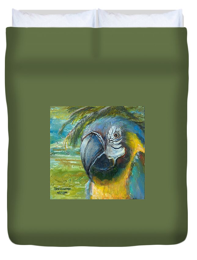 Blue Gold Macaw Duvet Cover featuring the painting Blue and Gold Macaw by the Sea by Bernadette Krupa