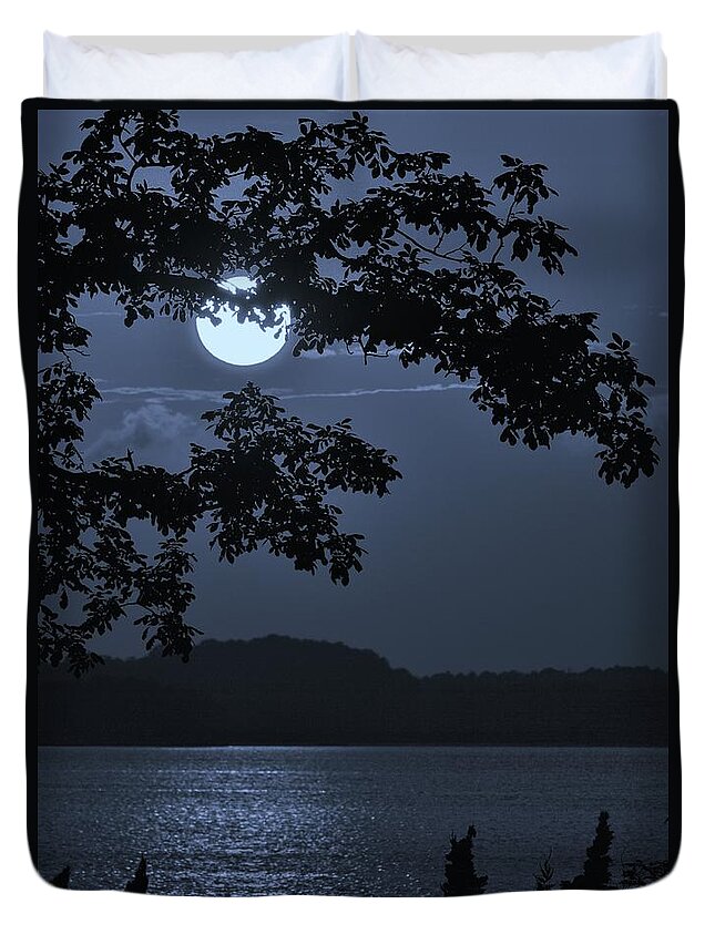 Background Duvet Cover featuring the photograph Blue Bay - A tropical paradise, the moon glancing thru the leaves and reflecting off the bay by Billy Beck