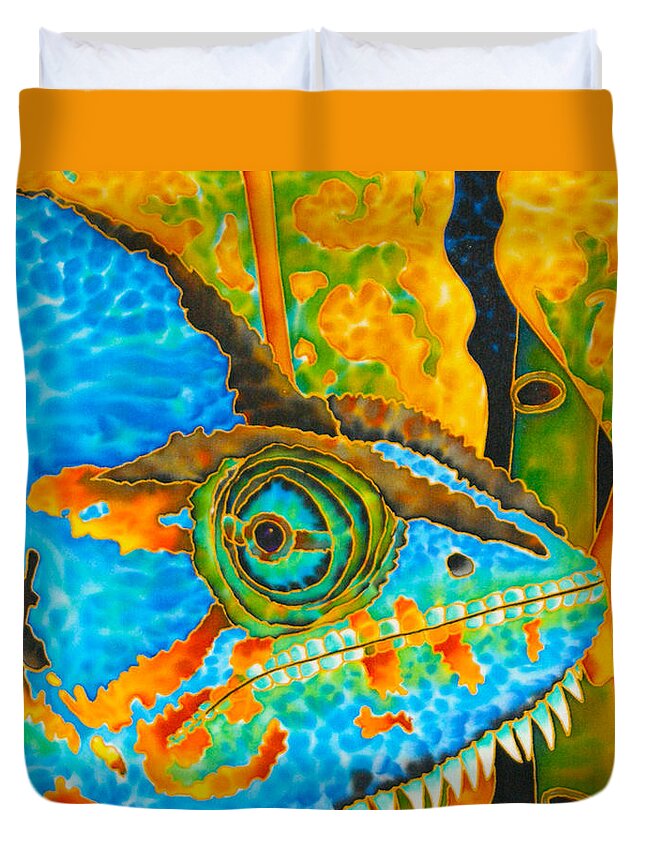 Chameleon Painting Duvet Cover featuring the painting Blue Chameleon by Daniel Jean-Baptiste