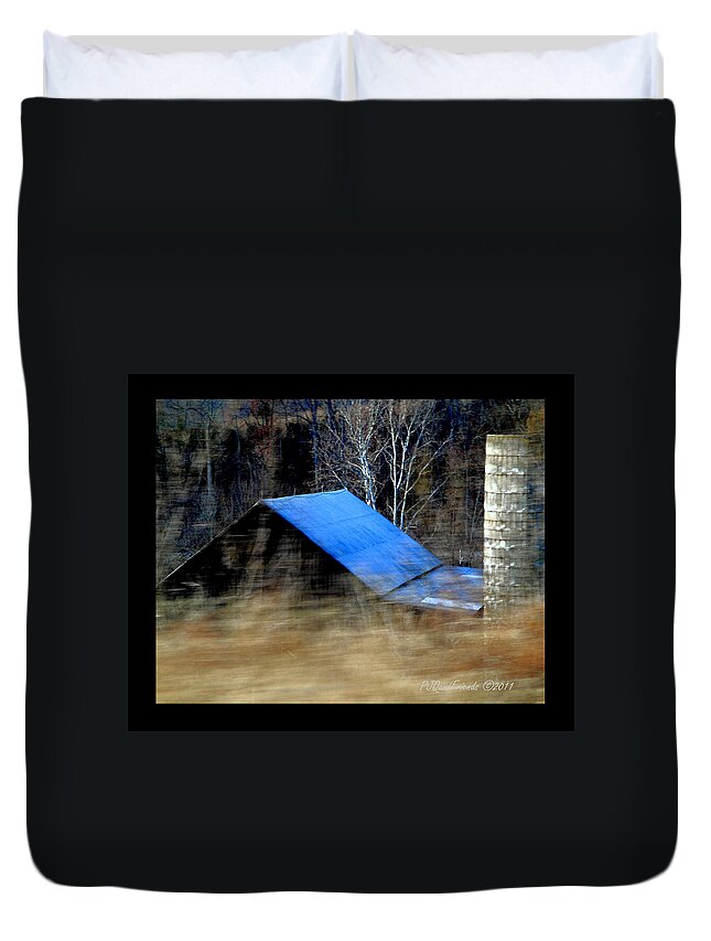 Barn Duvet Cover featuring the photograph 'Blue Roof Barn' by PJQandFriends Photography