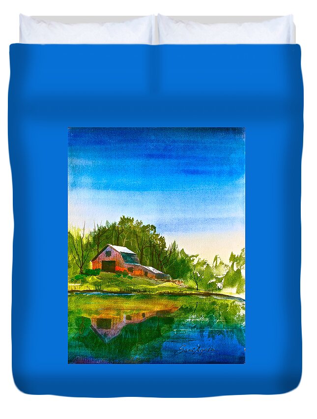 Blue Duvet Cover featuring the painting Blue Sky River by Frank SantAgata