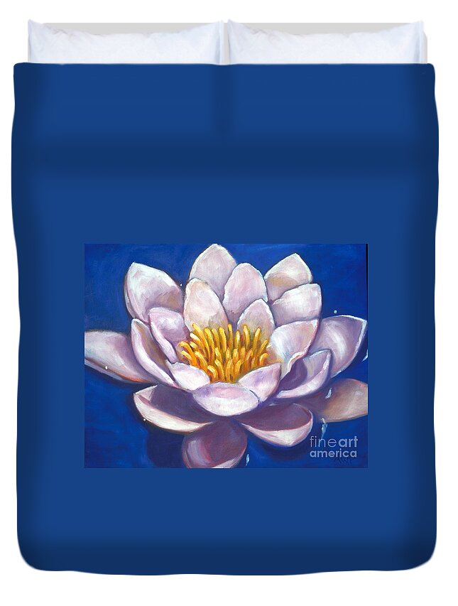 White Duvet Cover featuring the painting Blue Water Lily by Audrey Peaty