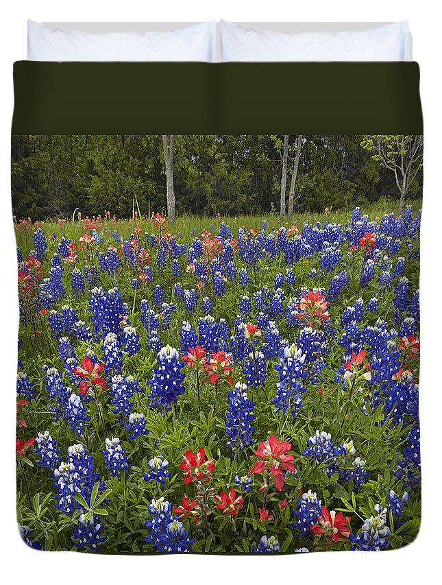 00442667 Duvet Cover featuring the photograph Bluebonnet And Paintbrush by Tim Fitzharris