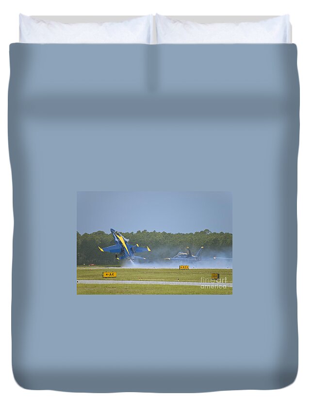 Blue Angels Duvet Cover featuring the photograph Blues Solo Takeoff by Tim Mulina