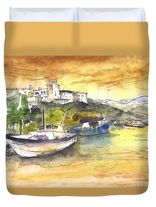 Travel Art Duvet Cover featuring the painting Boat in Agia Galini 03 by Miki De Goodaboom