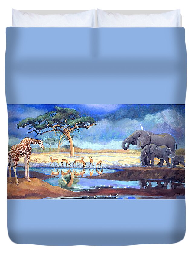 Botswana Duvet Cover featuring the painting Botswana Watering Hole by Susan McNally