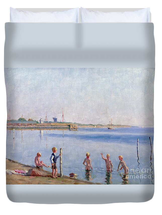 Skinny Dipping Duvet Cover featuring the painting Boys at Water's Edge by Johan Rohde