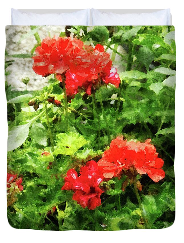 Garden Duvet Cover featuring the photograph Bright Red Geraniums by Susan Savad