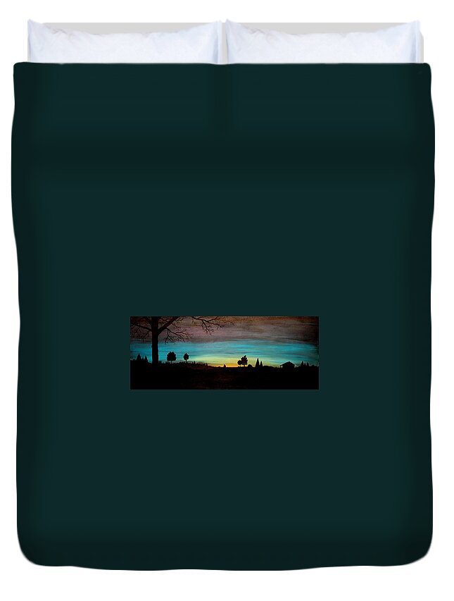 Sunset Duvet Cover featuring the painting Brock's Cabin by Todd Hoover