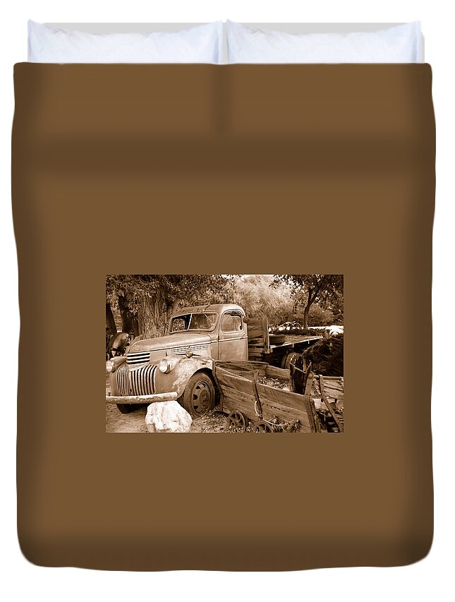 Broken Down Flatbed Wood Truck Vintage Rusted Busted Farming Equipment Rocks Ogden Utah Duvet Cover featuring the photograph Broken by Holly Blunkall