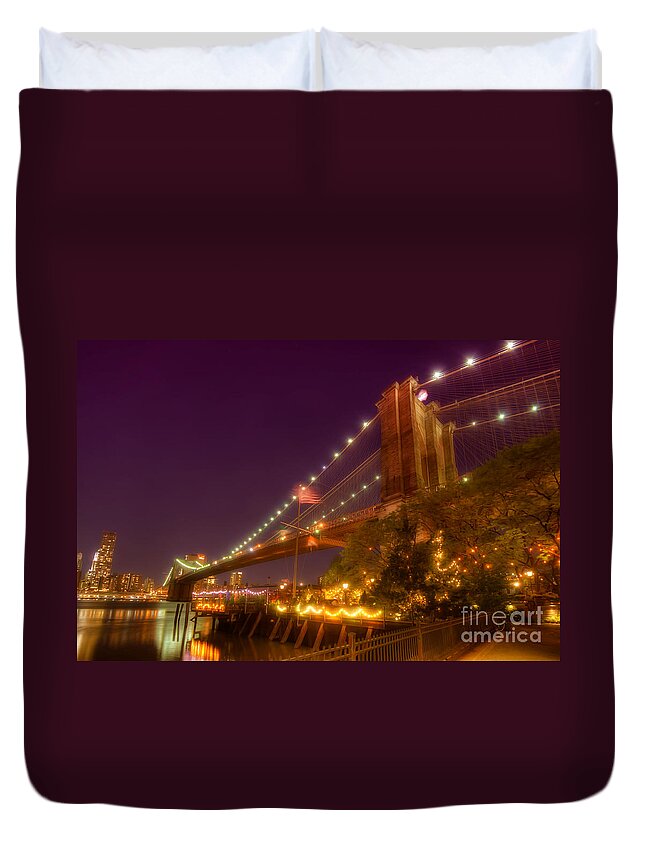 Art Duvet Cover featuring the photograph Brooklyn Bridge At Night by Yhun Suarez