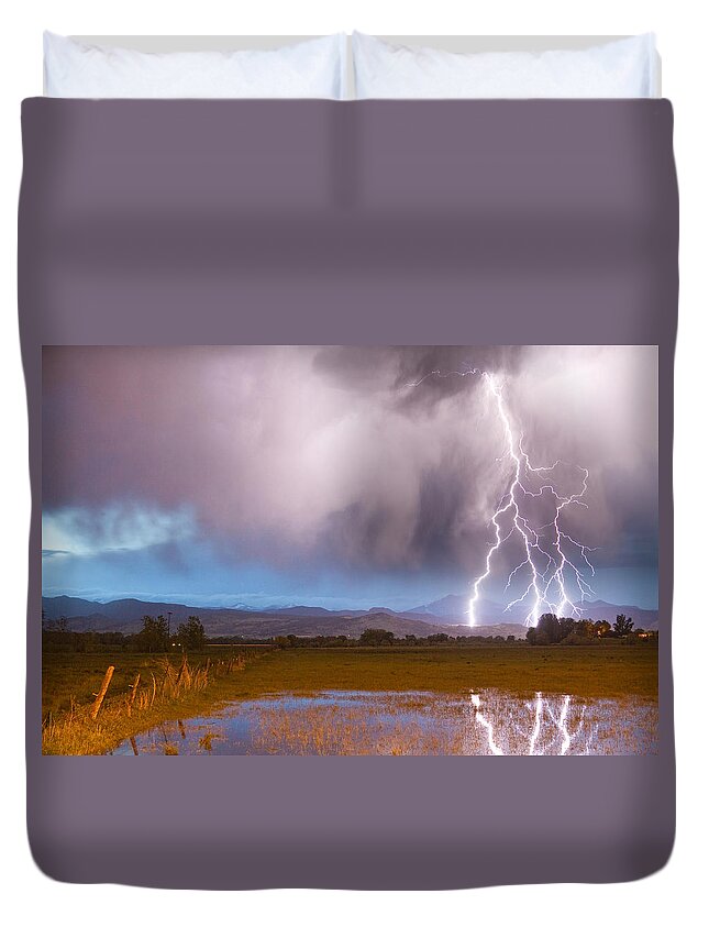 Lightning Duvet Cover featuring the photograph C2G Lightning Bolts Striking Longs Peak Foothills 6 by James BO Insogna