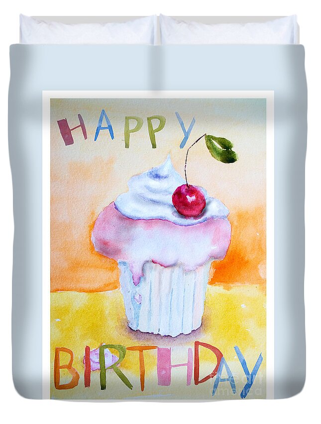 Background Duvet Cover featuring the painting Cake with insription Happy Birthday by Regina Jershova