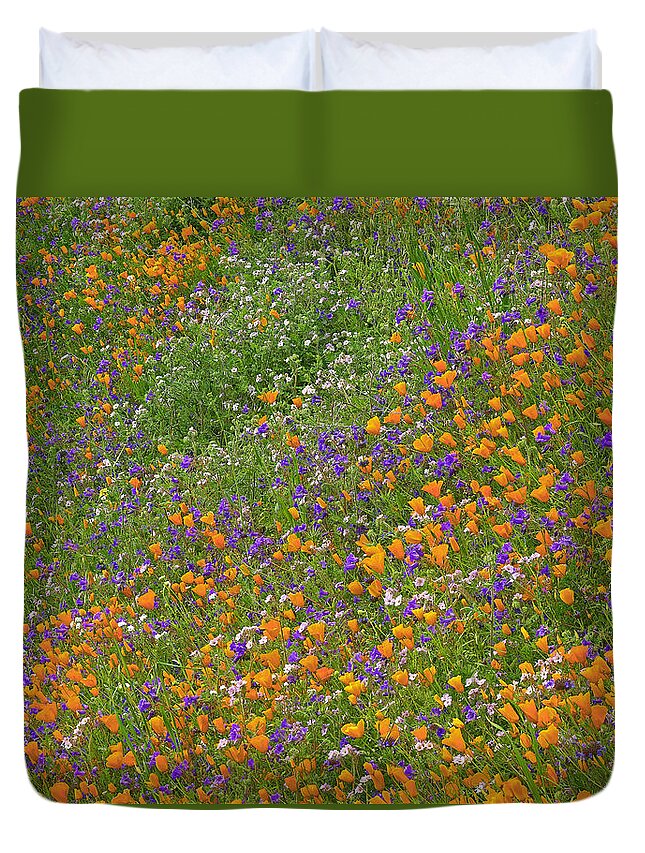 00176765 Duvet Cover featuring the photograph California Poppy And Desert Bluebell by Tim Fitzharris