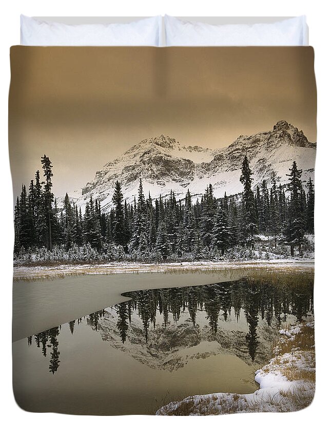 00170867 Duvet Cover featuring the photograph Canadian Rocky Mountains Dusted In Snow by Tim Fitzharris