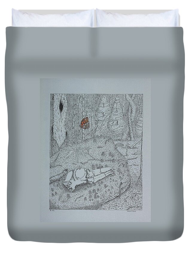 Nature Duvet Cover featuring the drawing Canine Skull And Butterfly by Daniel Reed