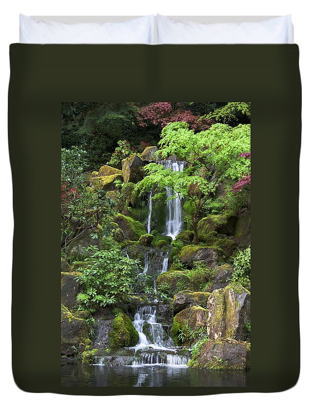 Green Duvet Cover featuring the photograph Cascading waters by Jean Hildebrant