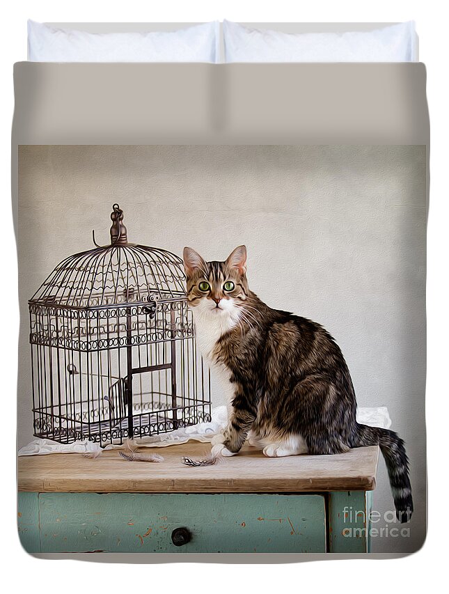 Cat Duvet Cover featuring the photograph Cat and Bird by Nailia Schwarz