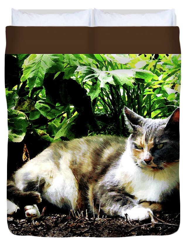 Cat Duvet Cover featuring the photograph Cat Relaxing in Garden by Susan Savad