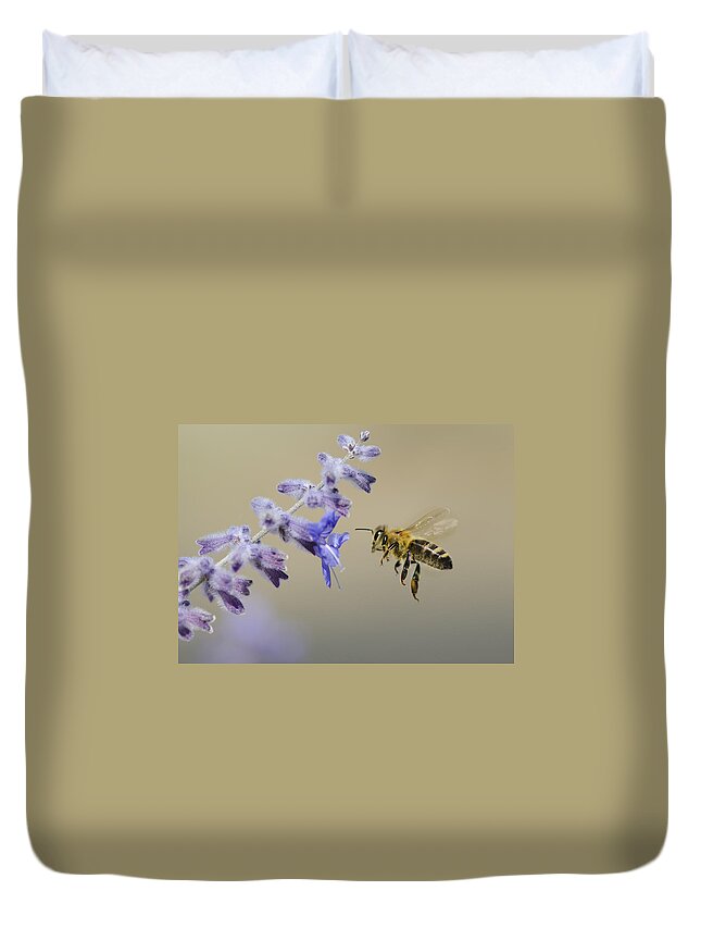 Honey Bee Duvet Cover featuring the photograph Caught in Flight by Dianne Phelps