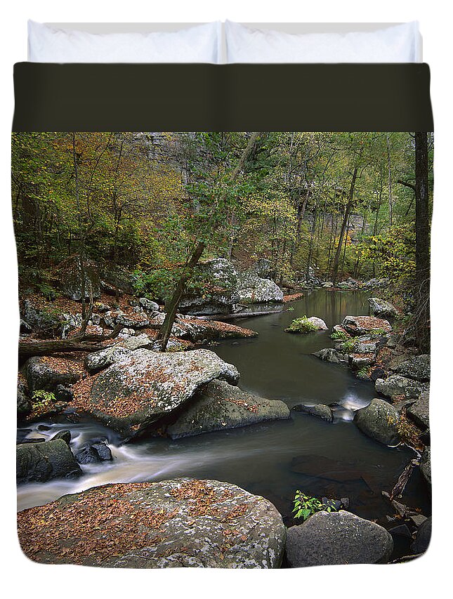 00174932 Duvet Cover featuring the photograph Cedar Creek Flowing Through Deciduous by Tim Fitzharris