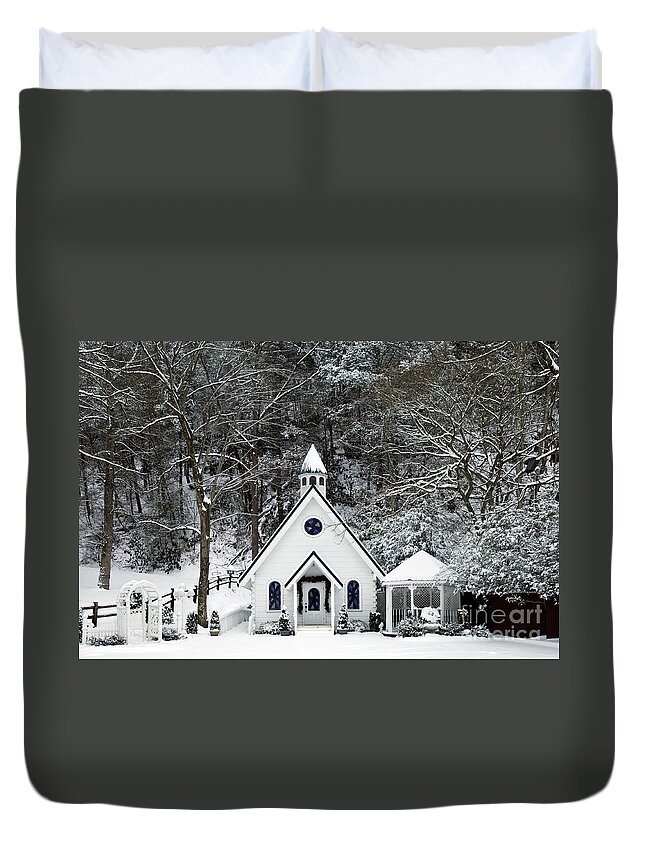 Wedding Duvet Cover featuring the photograph Chapel in the Snow - D007592 by Daniel Dempster