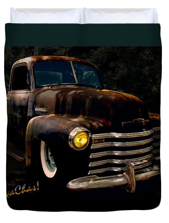 Chevrolet Duvet Cover featuring the photograph Chevy Hot Rat Rod Pickup Cowgirl's Last Stand by Chas Sinklier
