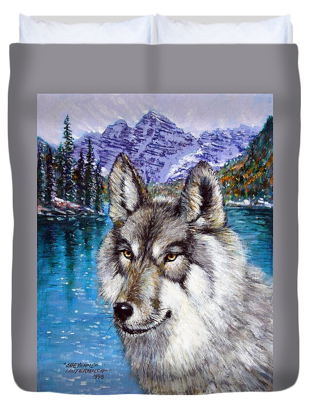 Wolf Duvet Cover featuring the painting Cheyenne Wolf by John Lautermilch