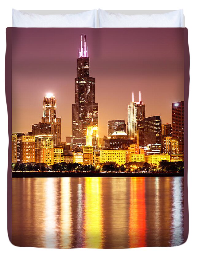 Chicago At Night With Willis Sears Tower Duvet Cover For Sale By