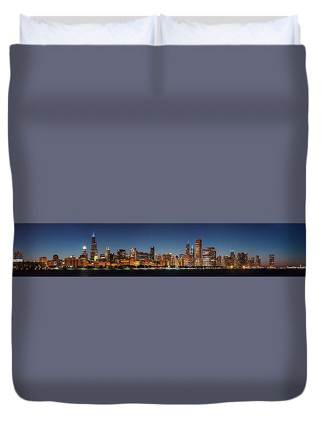 Chicago Skyline Duvet Cover featuring the photograph Chicago Skyline at Night by Semmick Photo