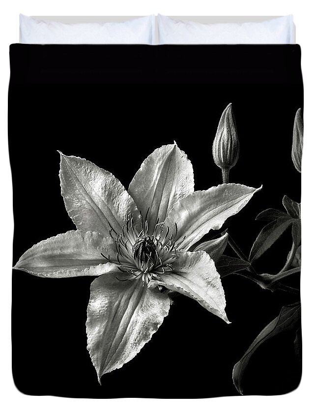 Flower Duvet Cover featuring the photograph Clematis in Black and White by Endre Balogh
