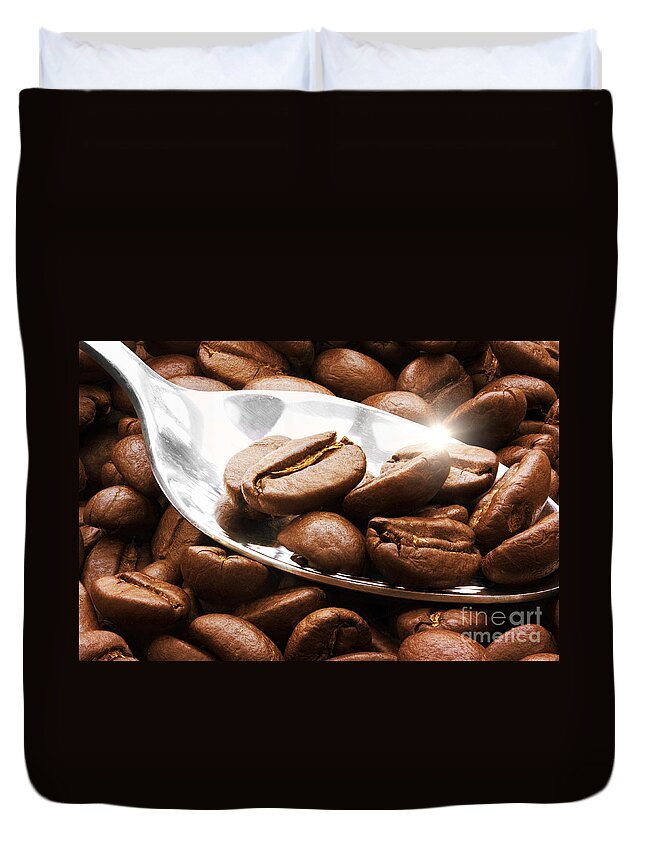 Coffee Duvet Cover featuring the photograph Coffee beans on a spoon by Simon Bratt