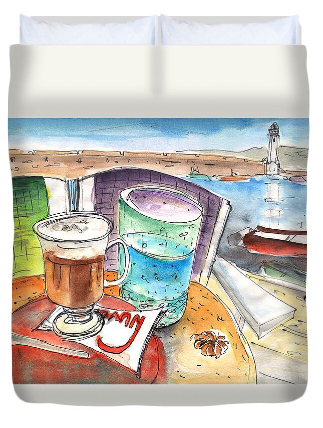 Travel Art Duvet Cover featuring the painting Coffee Break in Chania in Crete by Miki De Goodaboom