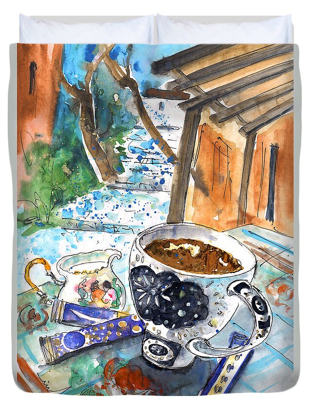 Travel Art Duvet Cover featuring the painting Coffee Break in Elos in Crete by Miki De Goodaboom