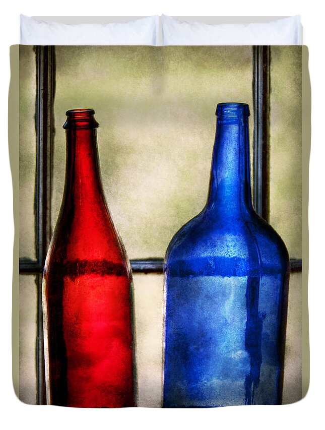 Wine Duvet Cover featuring the photograph Collector - Bottles - Two empty wine bottles by Mike Savad