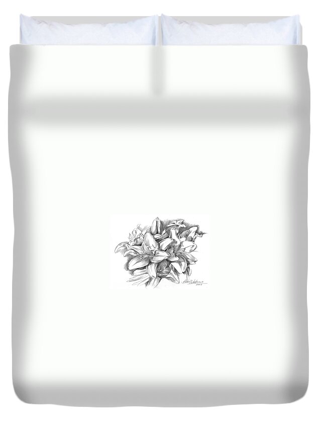 Lily Duvet Cover featuring the drawing Conte pencil sketch of Lilies by Alena Nikifarava