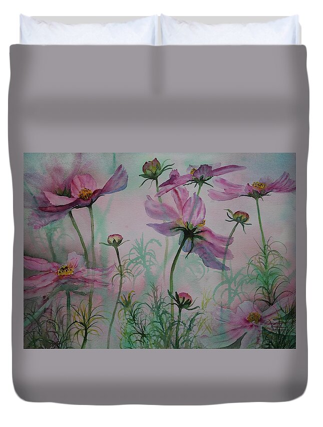 Flowers Duvet Cover featuring the painting Cosmos by Ruth Kamenev