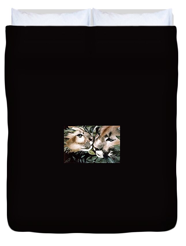 Mountain Duvet Cover featuring the painting Cougar Kiss by Frank SantAgata