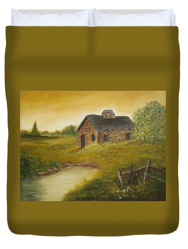Road Duvet Cover featuring the painting Country Cabin by Kathy Sheeran