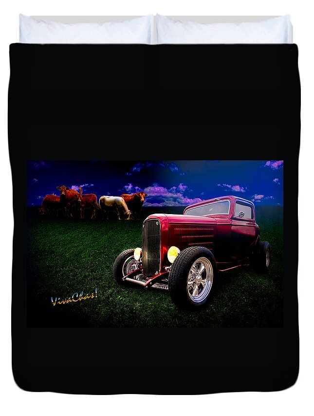  32 Duvet Cover featuring the photograph 32 Ford Coupe Grazing With The Herd Cow Pasture Boogie by Chas Sinklier