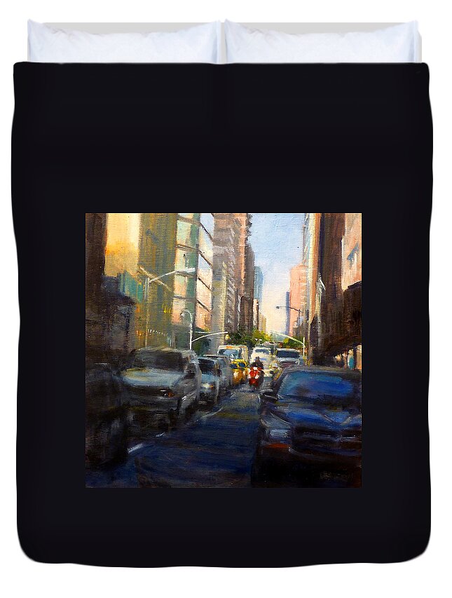 Landscape Duvet Cover featuring the painting Crosstown on West 58th by Peter Salwen