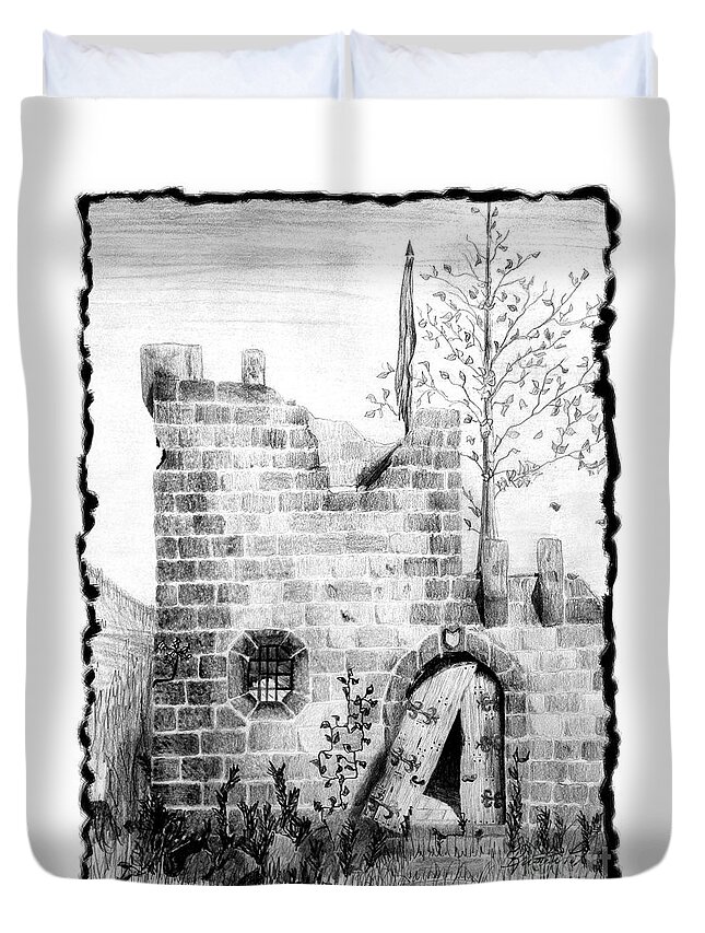 Artoffoxvox Duvet Cover featuring the drawing Crumbling Castle by Kristen Fox