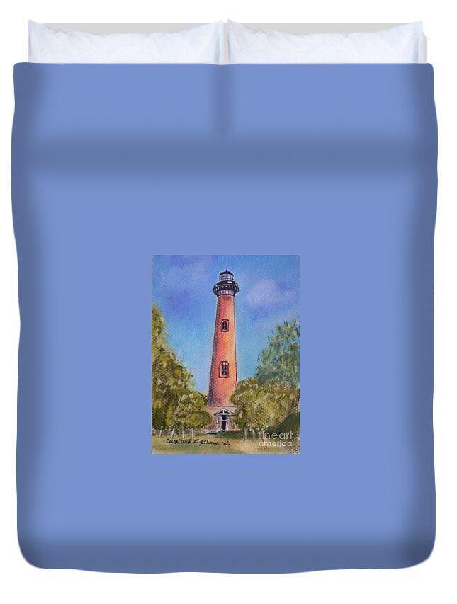 Lighthouse Duvet Cover featuring the pastel Currituck Lighthouse NC by Julie Brugh Riffey