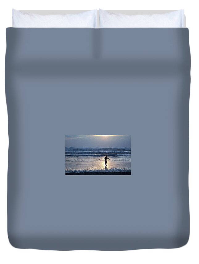 Beach Duvet Cover featuring the photograph Dancing Boy at Sunset by Peter Mooyman