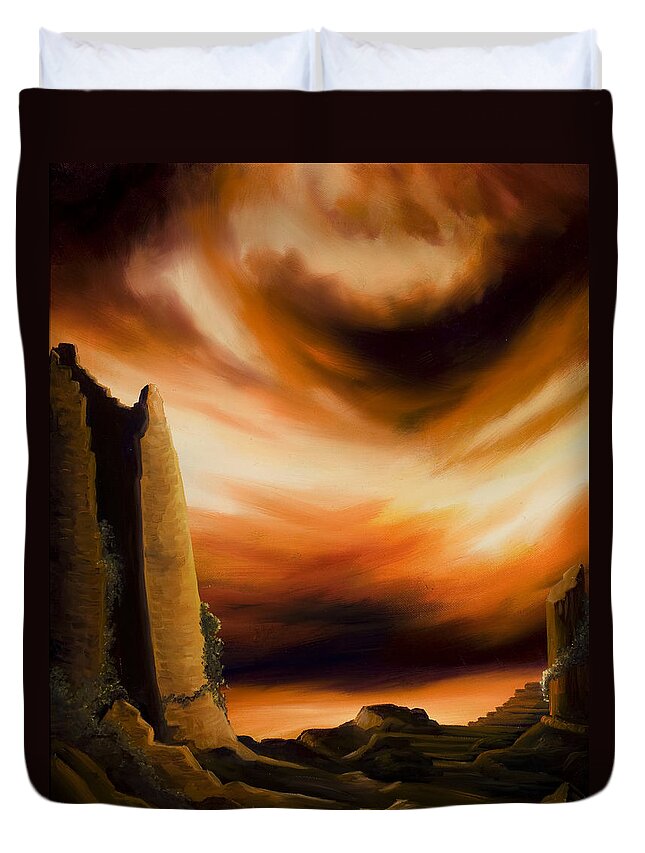Nature; Lake; Sunset; Sunrise; Serene; Forest; Trees; Water; Ripples; Clearing; Lagoon; James Christopher Hill; Jameshillgallery.com; Foliage; Sky; Realism; Oils; Ruins; Rome; Greece Duvet Cover featuring the painting Dark Columns by James Hill