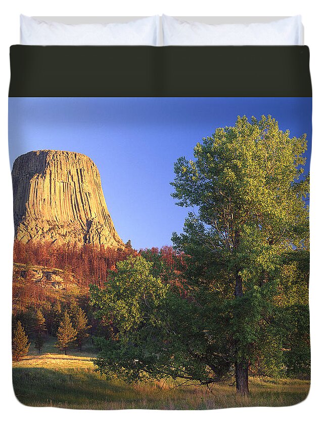 00173531 Duvet Cover featuring the photograph Devils Tower National Monument Showing by Tim Fitzharris