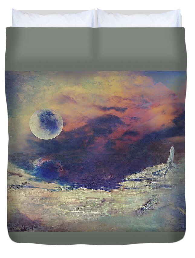 Moon Duvet Cover featuring the photograph Digital drawing of a science fiction landscape with a moon by Michele Cornelius